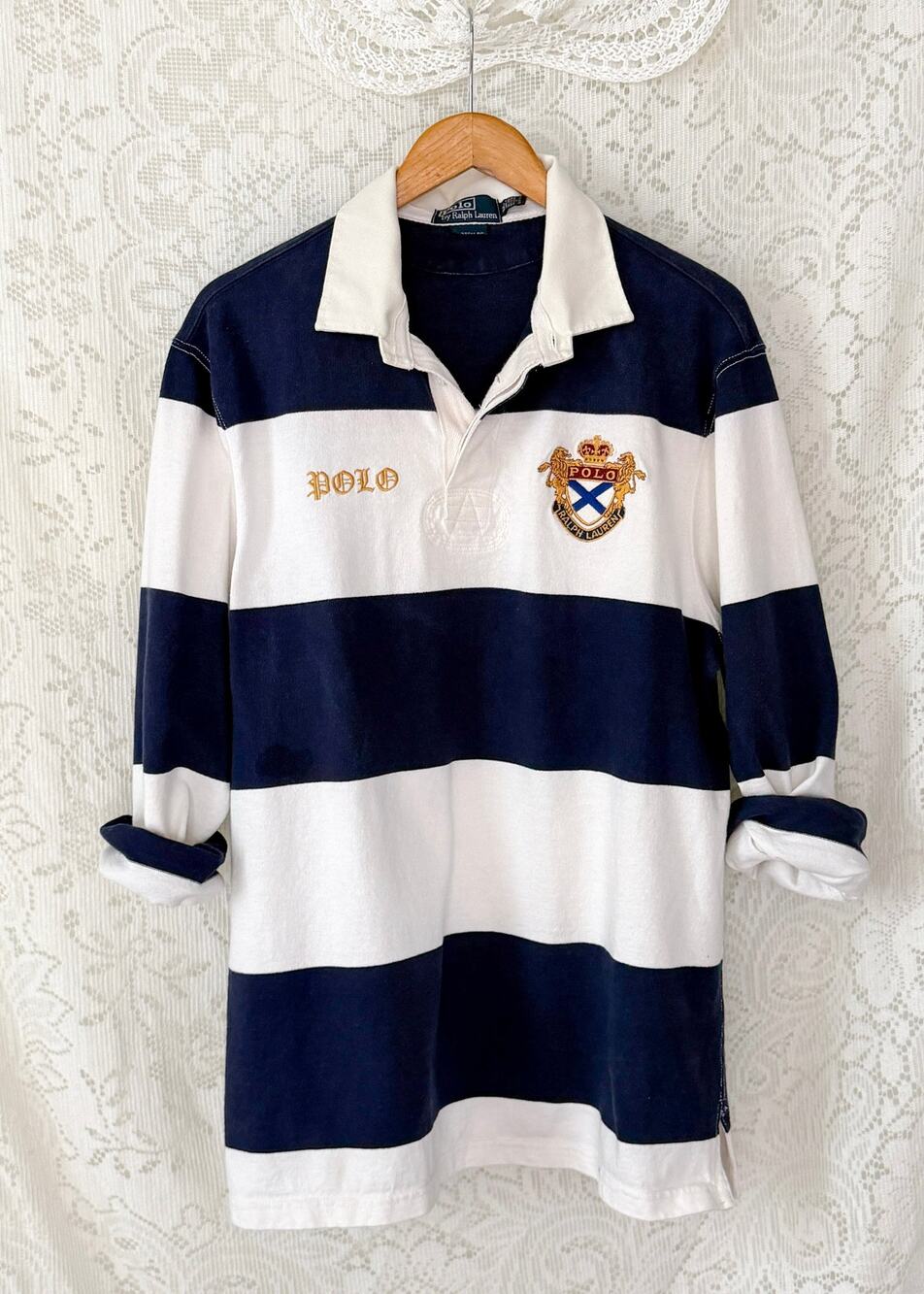 Vintage 90s 00s Polo Ralph Lauren Navy White Striped Crest Rugby Shirt (XL)